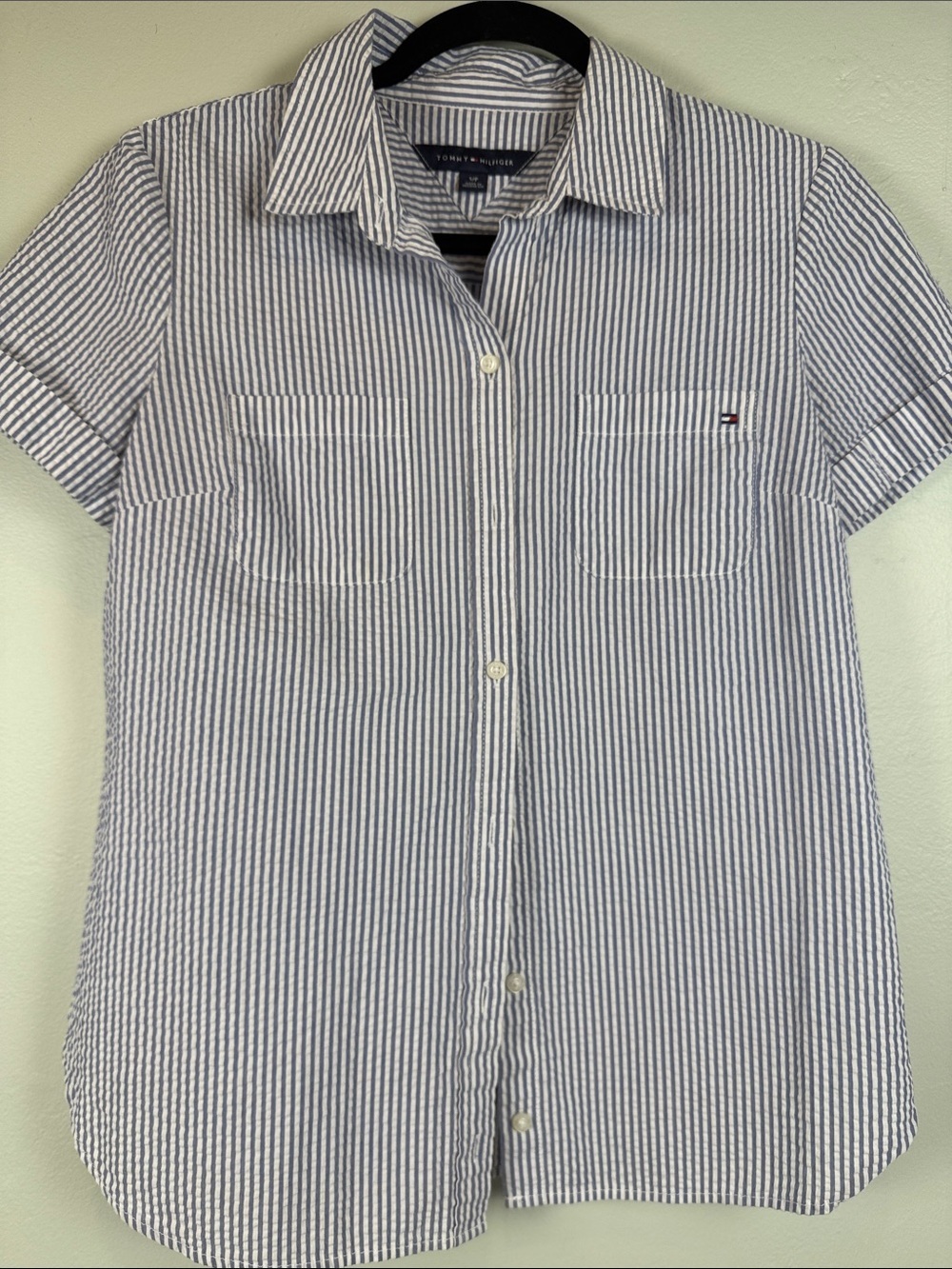 Tommy Hilfiger Blue Striped Camp Shirt - Size S EUC